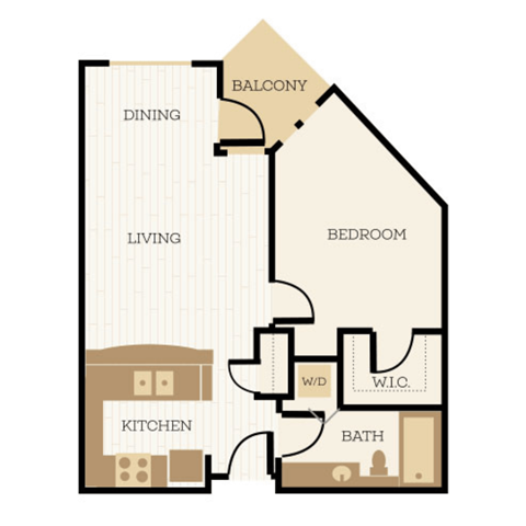 Floor plan for 1 bed, 1 bath, 689 sqft